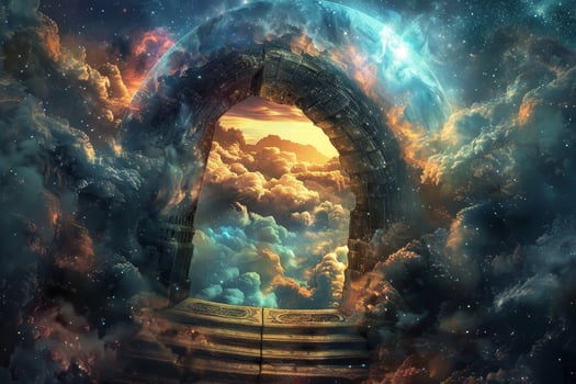 The gate to the sky is shown in this painting photo