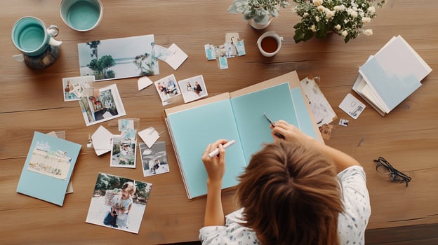 Creating a personalized scrapbook with photos and decorations on a wooden table at home during the afternoon