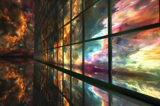 A large window with a colorful sky and clouds photo