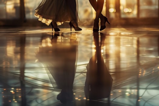 Two women in high heels standing in a large room photo