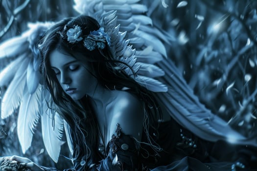 An angel with wings and a flower in her hand photo