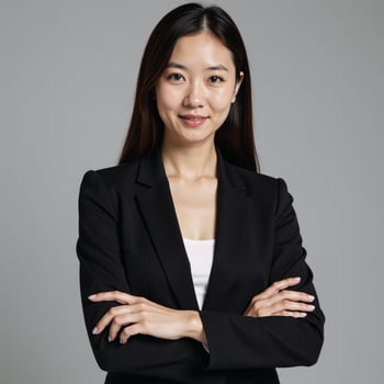 Portrait of an assertive Asian woman in a black blazer gazing straight into the camera photo