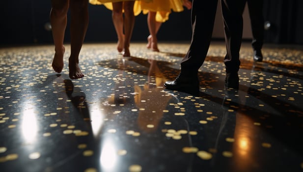 A luxuriant black dance floor sparkles with golden confetti photo