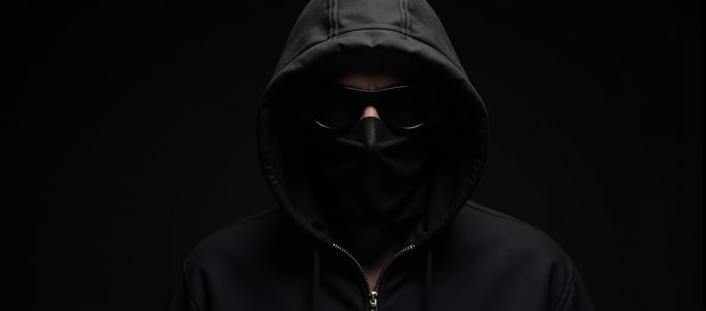 Dramatic portrait of a shadowyhooded bank robber on a dark backdrop photo