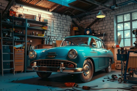 An old car in a garage with tools and tools photo