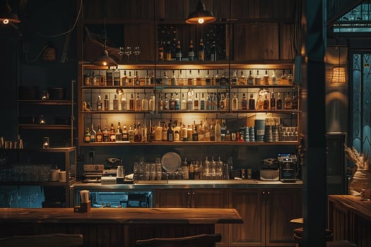 A bar with a lot of bottles on the shelves photo