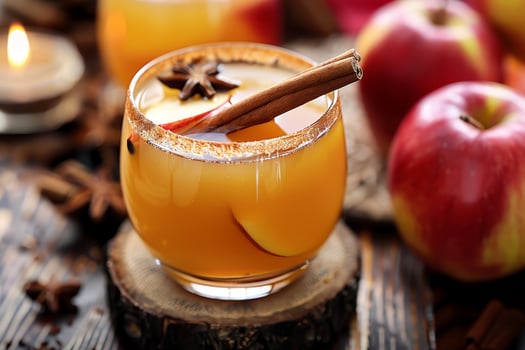 A glass of apple cider with cinnamon sticks in it sits on a wooden table next to photo
