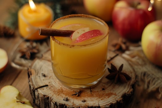 A glass of apple cider with cinnamon on top sits on a wooden table photo