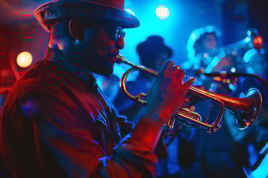 A man playing a trumpet in a band photo