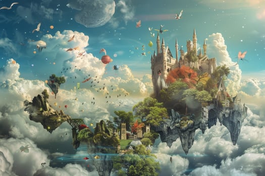 An artistic image of a castle floating in the sky photo