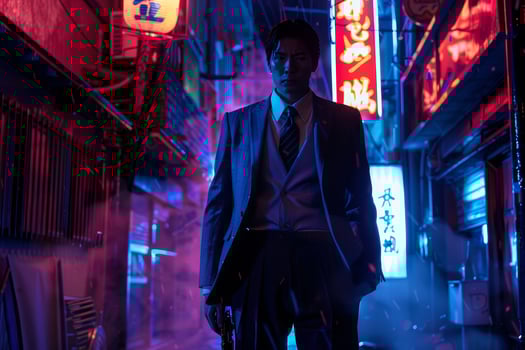 A man in a suit standing in a dark alley photo