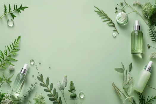 Green background with cosmetic products and leaves photo