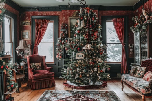 A living room decorated for christmas with red and black walls photo