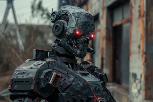 A robot with red eyes standing in front of a building photo