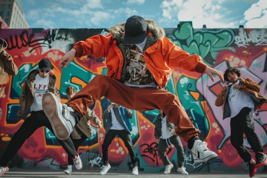 A group of people jumping in the air in front of a graffiti wall photo