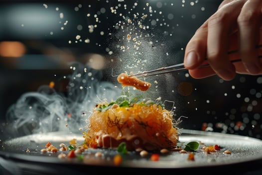 A person is holding chopsticks over a dish of food photo