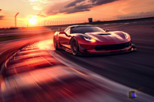 A red sports car driving on a track at sunset photo