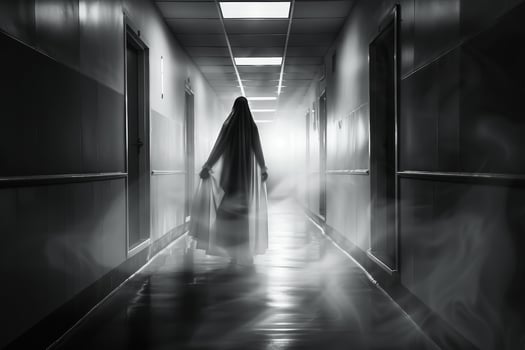 A person in a ghost costume walking down a hallway photo
