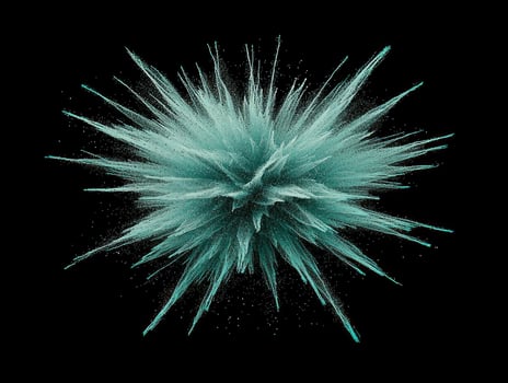 Dynamic turquoise particles explode outward, creating a mesmerizing effect. This captivating burst of energy embodies movement and vibrancy, set against a deep black background. photo