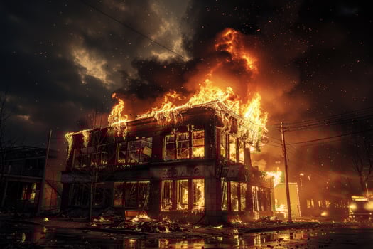 A burning building is shown in the middle of a city photo