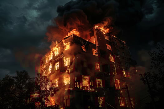 A burning building is shown in the dark photo