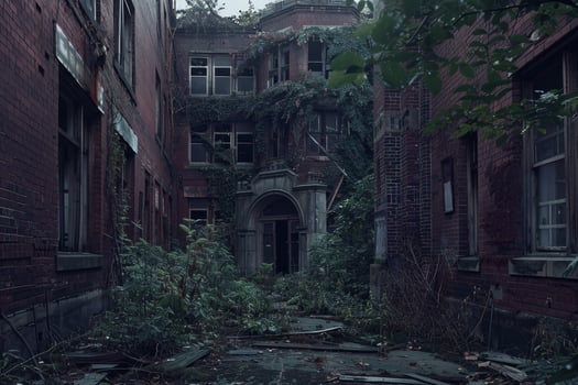 The abandoned building is surrounded by trees and bushes photo
