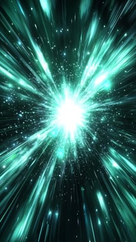 A mesmerizing turquoise burst emanates from a brilliant center, scattering glowing particles outward in a captivating display of cosmic energy and motion. photo