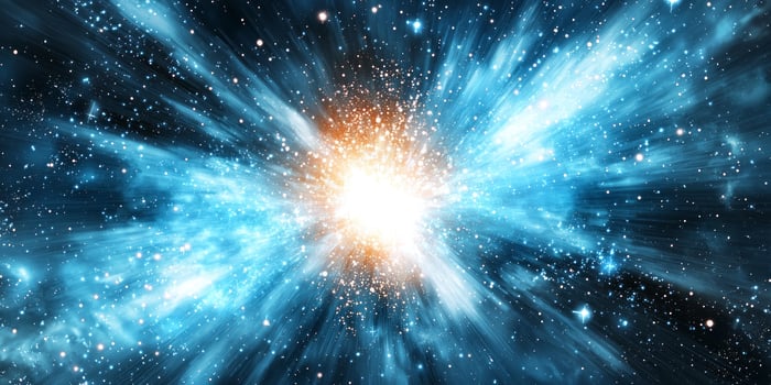 A mesmerizing display unfolds as turquoise particles erupt from a glowing core, creating a stunning wave of energy that illuminates the surrounding cosmos. photo