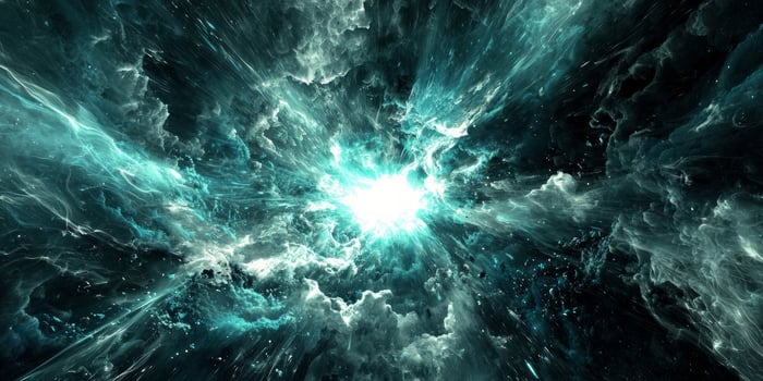 In a captivating display, turquoise particles explode from a glowing core, shooting outward and forming a radiant wave of ethereal light, evoking the depths of the cosmos. photo