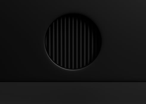 Empty black studio bg with circle window for product show. 3d render photo