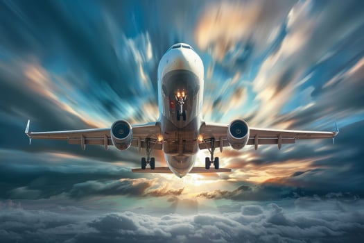 An airplane flying through the clouds with a dramatic sky background photo