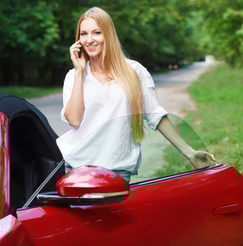Young woman standing near a sports car and talking by mobile phone photo