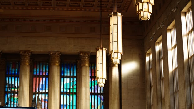 The Philadelphia train station internal view with the colorful glass windows in it photo