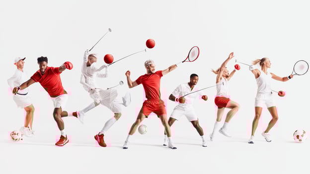 Dynamic athletes showcasing various sports movements in a bright studio setting, emphasizing teamwork and athleticism during practice photo