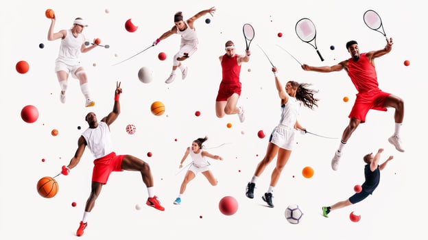 Dynamic athletes in action showcasing various sports with colorful balls on a white background photo