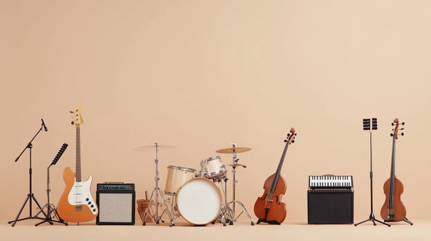 A collection of musical instruments arranged neatly on a beige background, showcasing guitars, a drum set, and string instruments photo