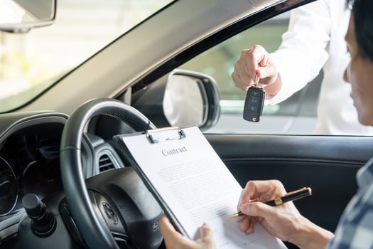 lease, rental car, sell, buy. Dealership send contract and car keys to new owner to sign. Sales, loan credit financial, rent vehicle, insurance, renting, Seller, dealer, installment, car care business photo