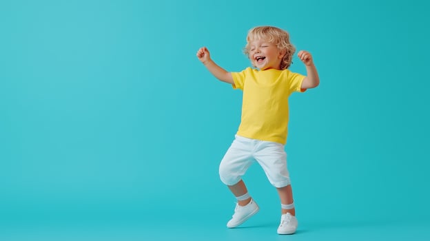 A joyful child in a yellow shirt dances happily against a bright blue background during playtime photo