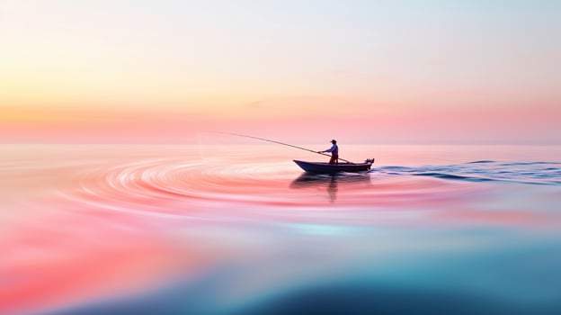 A tranquil morning fishing trip at sunrise on calm waters with soft pastel colors reflecting off the surface photo