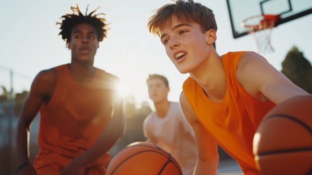 Young athletes play basketball outdoors during sunset in a lively urban park, showcasing teamwork and sportsmanship photo