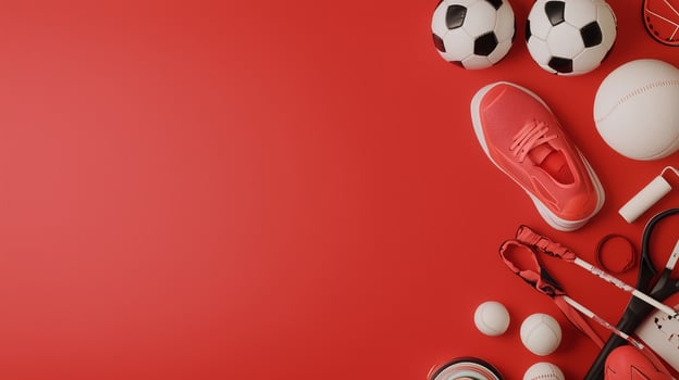 Sporting gear on a vibrant red background. soccer balls, tennis balls, a shoe, and accessories for active fun photo