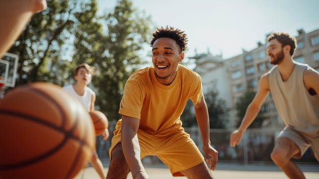 Young men enjoying a spirited basketball game on an outdoor court during a sunny day in an urban setting photo