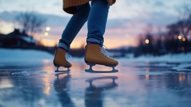 A skater glides gracefully across an icy lake at sunset, capturing the beauty of winter in a serene outdoor setting photo