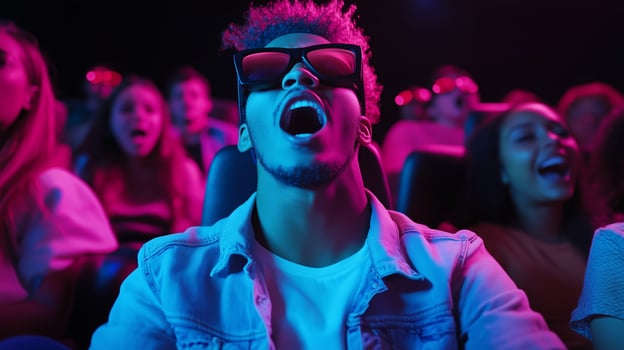 A group of young people enjoying a vibrant movie screening with colorful lights and enthusiastic reactions in a theater setting photo