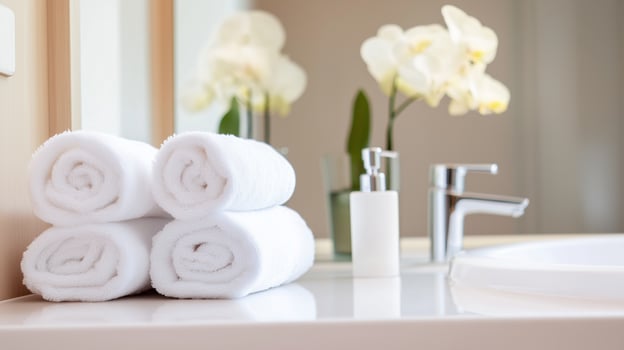 Neatly arranged white towels beside a modern sink with flowers in a bright bathroom setting photo