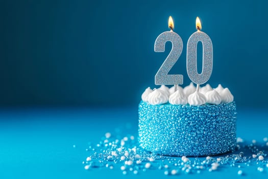 Silver numbers on a blue background. Candles with numbers 20. Birthday celebration concept. photo