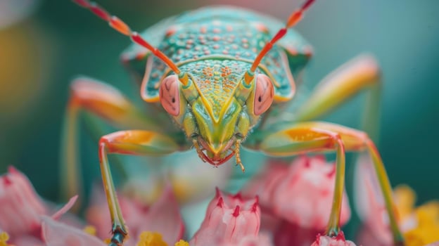A vibrant green and orange cockroach standing on a pink flower. photo