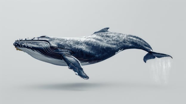 A digital illustration of a whale with its mouth open flying over the ocean. photo