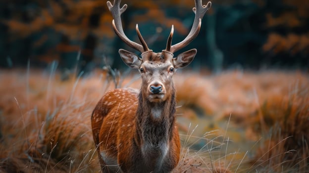 A deer with antlers, standing in a natural environment during the rut season. photo