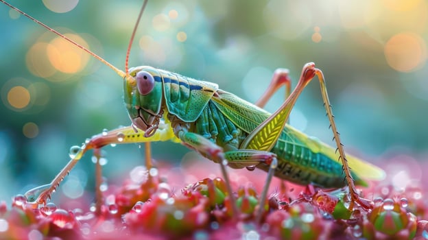 A close-up image of a green and yellow bug standing on top of bright red flowers with droplets. photo